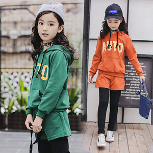 官方旗舰店2018新款小大人童装女童款连帽套装新款字母卫衣裙裤假