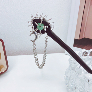 不锈钢链条月牙月亮黑檀木绿玉石发簪发钗