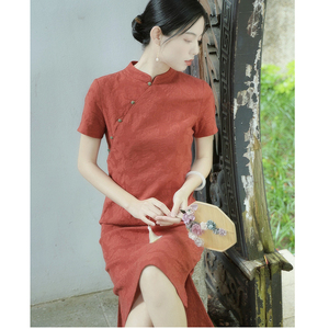 新款红色旗袍年轻款改良气质复古提花修身夏季女士棉质喜红连衣裙