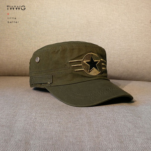 五角星陆军军帽男士平顶帽带气眼黑色军绿色迷彩棉夏季户外遮阳帽