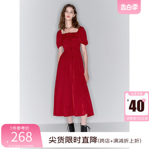 三彩ibudu2024春季新款法式小红裙系带方领收腰连衣裙大摆长裙女