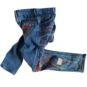 泰国手工艺人纯手工制作--刺子绣牛仔裤(深色)