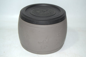 苏州 蟋蟀盆 南盆大师蒋泉林制 青盆黑盖 铜鼓盆 童子蛐蛐罐