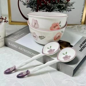 紫萱花碗勺套装2碗2勺情侣款家庭专用韩式勺釉下彩淡雅花色高温瓷