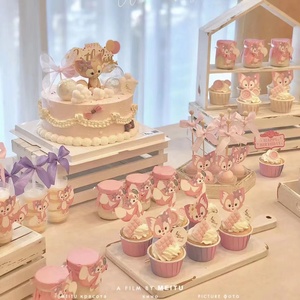 粉色玲娜贝儿甜品台装饰生日满月周岁白天女宝宝周岁纸杯蛋糕装扮