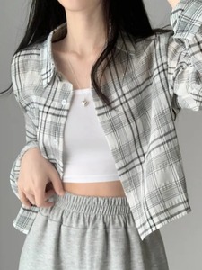 韩国chic春夏法式减龄薄款格子衬衫女宽松休闲长袖短款防晒衫外套