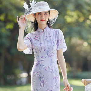 朵拉芭娜旗袍女夏季新款复古中国风荷叶袖丝麻印花日常改良连衣裙