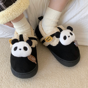 少女心韩版趣味熊猫防滑外穿棉拖鞋女冬季保暖亲子厚底乐福豆豆鞋