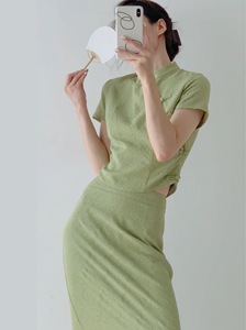 Srose 青梅煮酒 国风改良绿色旗袍上衣新中式裙子设计感提花盘扣