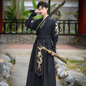 原创侠客汉服男装古装中国风刺绣黑色魏晋武侠风套装古代剑客衣服