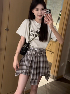 夏季搭配一整套女韩版字母印花短袖T恤格子高腰a字半身裙两件套装