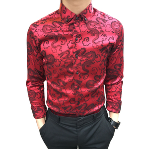 结婚衬衫男长袖新郎中国风龙纹刺绣本命年大红色丝绸真丝复古衬衣