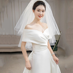 一字肩婚纱主纱高级质感简约轻便白色缎面出门纱新娘结婚礼服裙女