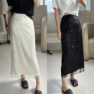 JanZhang2024夏季新款网纱亮片花朵双层显瘦中长直筒半身包臀裙女