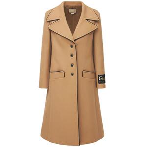 klu海外代购21秋冬 gucci 驼色羊毛logo标签单排扣女士毛呢大衣