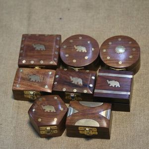 尼泊尔手工制作纯实木镶嵌铜片小象首饰木盒复古收纳实木珠宝盒