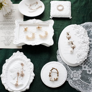 首饰展示架白色石膏玫瑰长方形托盘耳环戒指珠宝饰品陈列收纳道具