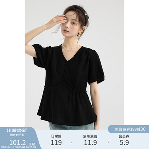 爱蔷薇大码黑色衬衫短袖v领上衣微胖夏季女装2024新款遮肚子衬衣