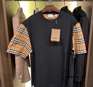 现货Burberry/巴宝莉 新款格子格纹袖子拼接短袖男 T恤女上衣半袖