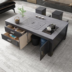 茶桌椅组合带柜子茶盘茶台一体哑光黑简约现代茶几tb75891860326