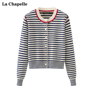 拉夏贝尔/La Chapelle春新款白蓝条纹针织开衫女宽松圆领毛衣上衣