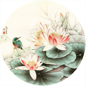 lh68工笔画白描底稿荷花翠鸟高清国画花鸟斗方初学者临摹打印线稿