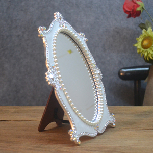 欧妆式VHP单面银白色西洋梳化公主桌镜子台饰珍珠椭装圆创意个性