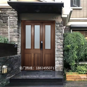 别墅木门原木门菠萝格柚木大门入户花园彩虹玻璃门胡桃木色双开门