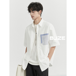 BJZE男装2024夏季新款设计感白色短袖衬衫男翻领韩版宽松休闲上衣