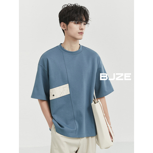 BJZE男装24夏季新中式拼接设计感短袖T恤男 圆领韩版潮流宽松体恤
