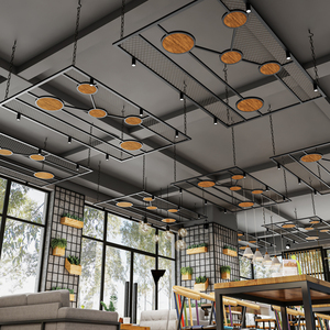 餐厅酒吧铁艺悬挂铁网 工业风铁丝网吊顶装饰 生态板木条吊顶定做