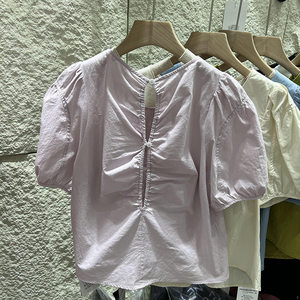 韩版圆领泡泡袖衬衫女短袖夏季新款设计感后背小心机上衣别致小衫