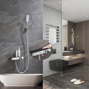 汉斯格雅全铜智能恒温挂墙式淋浴花洒套装枪灰黑色简易浴缸置物台