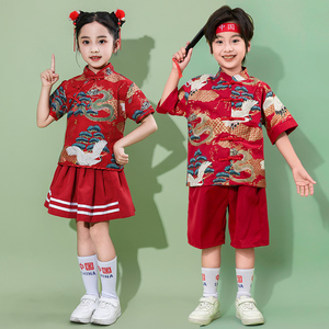 运动会拉拉队服装儿童演出服国风班服小学生红色六一舞蹈表演服