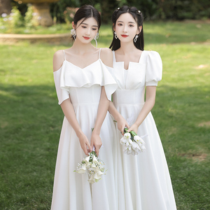缎面伴娘服2024新款夏季姐妹团白色显瘦平时可穿毕业小众晚礼服裙