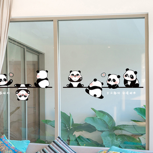 卡通小熊猫透明玻璃门小心玻璃贴纸小动物推拉门防撞无胶静电贴纸