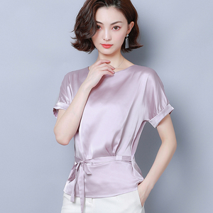 真丝上衣女夏桑季蚕丝气质百搭时尚洋气半袖短袖t恤缎面收腰小衫