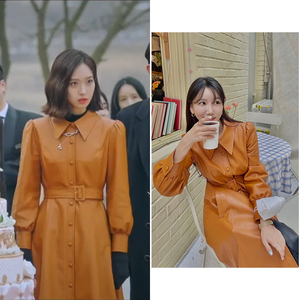 韩剧顶楼周锡京同款女士皮风衣pu连衣裙气质修身长款外套早春皮衣