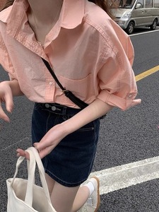 粉色衬衫女短袖夏季宽松薄款外套气质设计感小众七分袖上衣防嗮衫