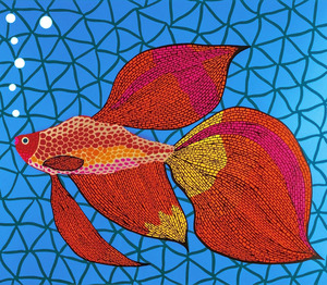 日本画家 草间弥生 作品超现实主义油画个性装饰 金鱼带签名版画