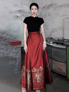 新中式女装夏季国风裙子改良汉服成人搭配红色马面裙日常两件套装