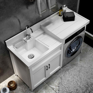 太空铝阳台洗衣柜组合定制切角一体台盆槽水池带搓板伴侣洗衣机柜