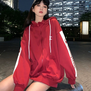 日版冠军卫衣外套女红色秋冬拉链连帽宽松长袖印花学生情侣开衫潮