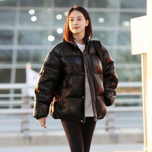 冬季韩国明星李珠妍同款黑色保暖羽绒服机车pu皮外套面包服女皮衣