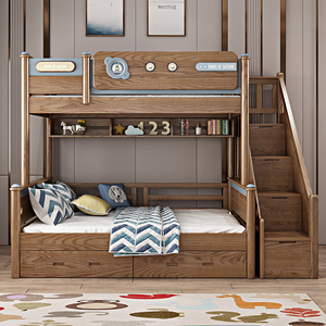 全实木新中式高低子母床儿童上下床双层床两层上下铺小户型青少年