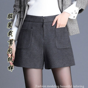 2020春秋夏季新款毛呢高腰a字阔腿短裤纸样女装休闲裤样板裁剪图
