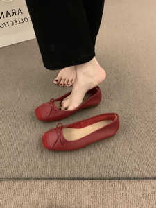 韩国2024新超软牛皮浅口红色小单鞋芭蕾舞鞋蝴蝶结方头平底奶奶鞋