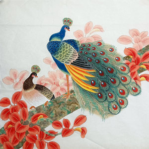 国画成品工笔花鸟画红叶绿孔雀四尺斗方纯手绘真迹画芯未装裱无款