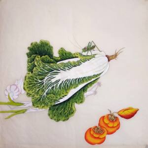 国画成品工笔画花鸟白菜蝈蝈柿子精品百财图四尺斗方无款画芯08a2