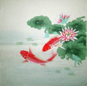 国画 工笔画 工笔花鸟 荷花鱼 四尺斗方 纯手绘 编号0674